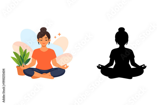 Woman sitting in a lotus position while meditating indoors with a plant nearby in a bright setting during daytime