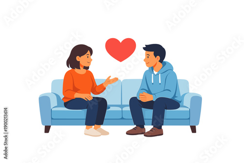 Couple sits on a couch and engages in conversation while sharing a moment of connection