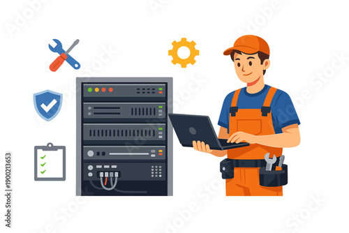 Technician works with server and laptop while surrounded by tools and equipment in a tech workspace