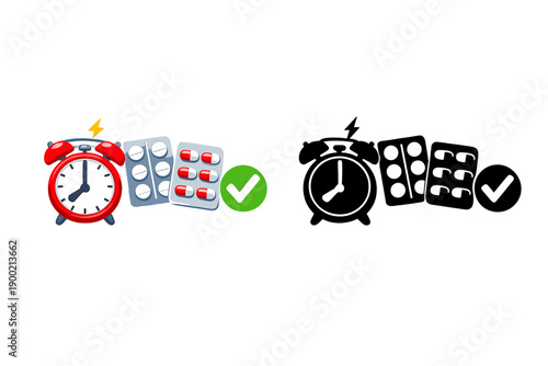 Visual representation of a red alarm clock with a pill pack and a black alarm clock with a pill pack, showing time and medication reminders in a clear and simple way