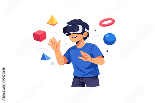 Child plays with virtual reality headset in a room while interacting with 3D shapes and colors during an afternoon session of gaming and learning activities