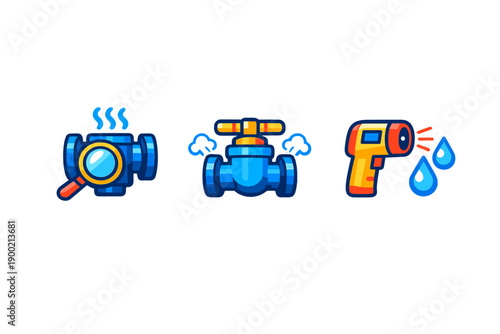 Tools for plumbing tasks include magnifying glass, valve, and thermometer for measuring temperature and flow in plumbing systems