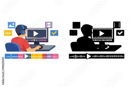 Learning to edit videos using software on a computer at home while wearing headphones and sitting at a desk in the afternoon