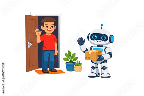 Delivery robot greets a young boy at the front door while holding a package during the daytime in a residential area