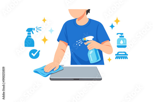 Cleaning a desk with spray cleaner and cloth while using a laptop in a bright area during the day