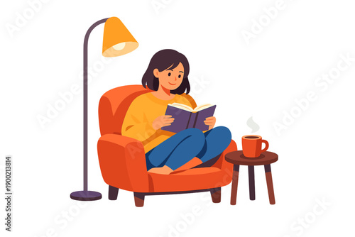 Reading a book while sitting in a cozy chair next to a lamp with a coffee on the table in an indoor setting during a quiet evening