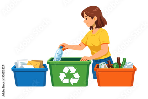 Young woman sorts recyclable waste into different bins in a home setting during the day while promoting environmental awareness and sustainability practices