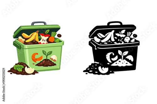 Waste disposal container shows food scraps in green and black versions at a recycling center, promoting composting and waste management practices