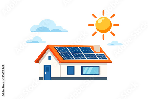 Solar panels are installed on a house roof in bright sunlight with clouds in the background