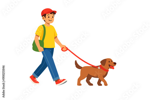 Boy walks dog on a sunny day in the park, enjoying time together and staying active while using a leash to control the playful pet