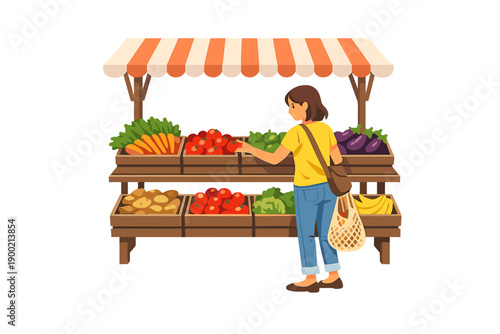 Person browsing fresh vegetables at a market stall in a sunny outdoor area during the afternoon