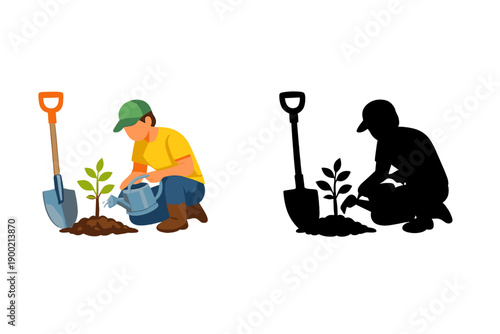 Gardener planting a small tree in the soil using a watering can and a shovel during daylight hours