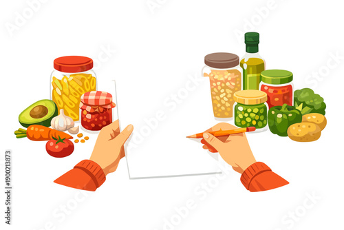 Planning a meal with fresh ingredients and a blank grocery list in a kitchen setting