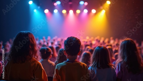 Children watch concert performance on stage with colorful lights. Young audience enjoys musical show in school auditorium, excited spectators attend event.