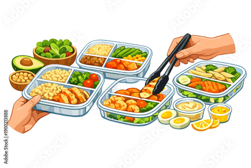 Different meal prep containers filled with various foods on a table with hands preparing portions of each meal for lunch or dinner