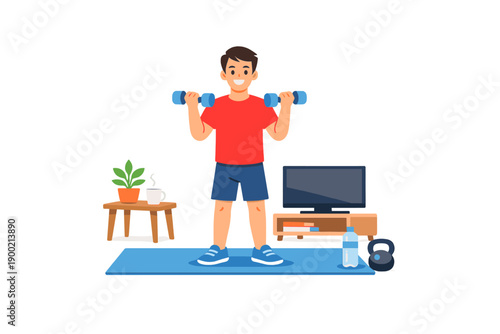 Young man exercises with dumbbells at home in a living room while surrounded by plants and fitness equipment in the afternoon
