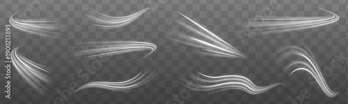 Neon energy waves twist across urban highways in motion blur. Glowing streaks and wind lines convey speed and futuristic atmosphere. Transparent PNG for graphic projects.