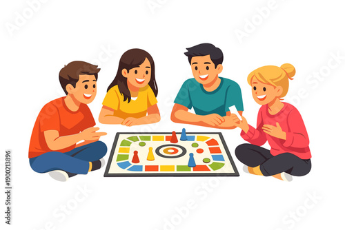 Four friends gather around a board game in a home setting during a weekend to enjoy time together and have fun