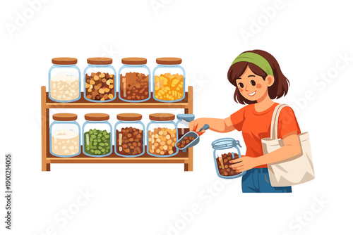 Person fills a jar with snacks from a shelf while shopping in a store during the daytime