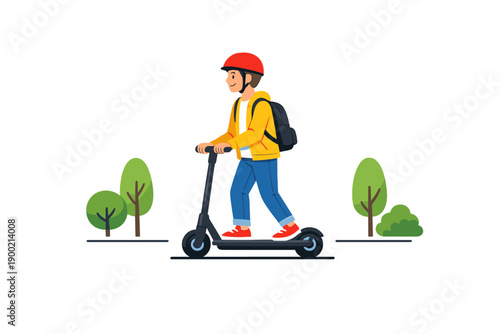 Boy riding a scooter in a park on a sunny day wearing a red helmet and a backpack while trees line the path