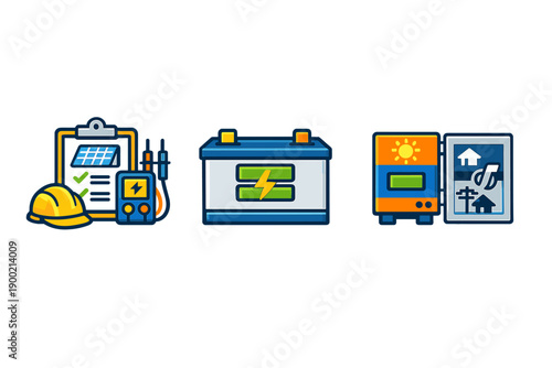 Icons representing renewable energy, battery storage, and energy management in a modern setting with tools and equipment used for these technologies