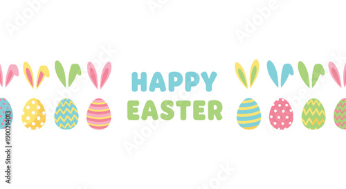 Vibrant patterned Easter eggs and colorful bunny ears forming decorative borders around a Happy Easter greeting.