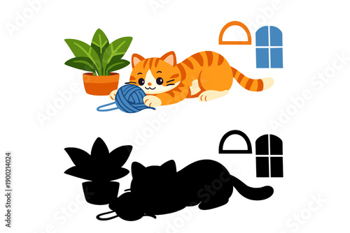 Cat plays with a ball of yarn while a plant sits nearby in a cozy room with light coming from the window