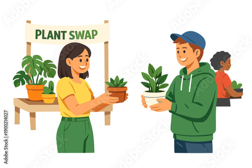 People exchange plants at a plant swap event in a community center during the afternoon to share their gardening experiences and expand their collections