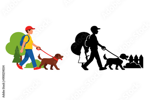 Walking a dog through a park with trees in the daytime while enjoying an outdoor activity in a natural setting