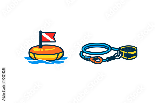 Safety equipment for water activities features a buoy with a flag and a diving line used for underwater exploration or rescue
