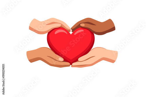 Hands hold a red heart symbol to show love and connection among different people in a simple gesture on a plain background