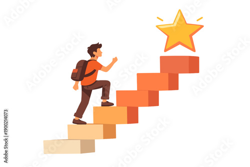 Young person climbs stairs towards a star at the top, representing goals and achievements in a simple design