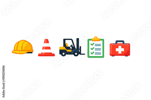 Construction site safety items include a hard hat, traffic cone, forklift, checklist, and first aid kit for daily operations and health checks