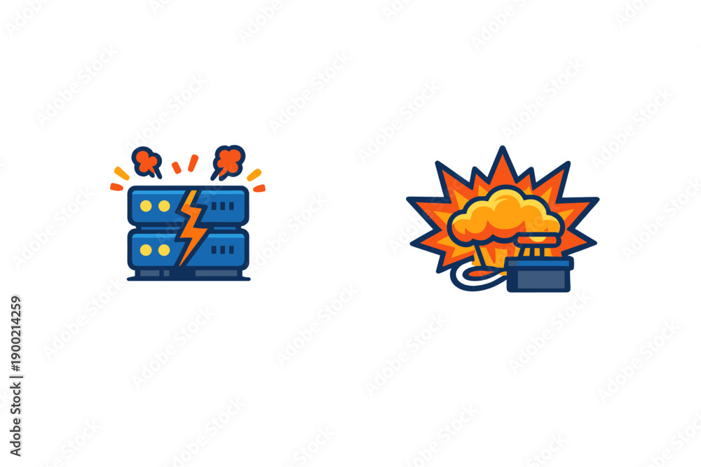 Naklejka premium Data center with server failure and explosion during a cyber attack at night in a network security scenario