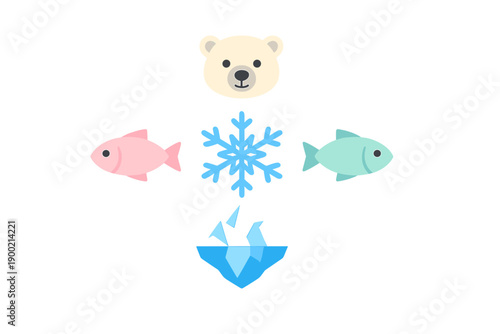 Cute polar bear and fish in a simple design with ice and snowflake pattern in a colorful layout showing winter themes and ocean life