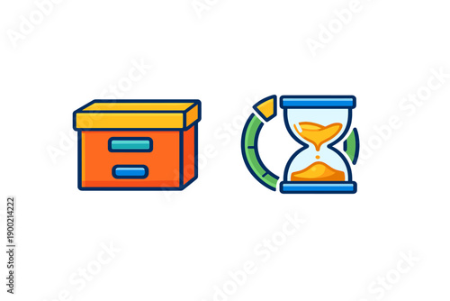 Icons of a storage box and an hourglass showing the concept of time management and organization for various tasks in daily life