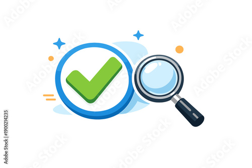 Check mark and magnifying glass symbol showing approval and verification process in a digital context