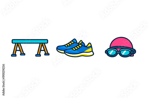 Sporting equipment for gym activities, swimming, and running displayed on a white background showing a balance beam, shoes, and goggles