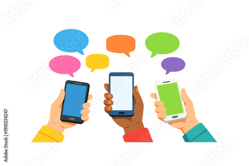 People hold smartphones in different colors while chatting with speech bubbles above them showing conversations happening in a lively setting