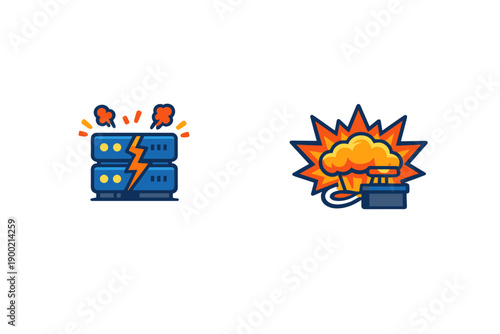 Data center with server failure and explosion during a cyber attack at night in a network security scenario