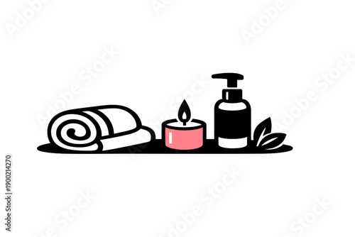 Relaxation items for a spa setting with a rolled towel, a candle, and body lotion on a flat surface