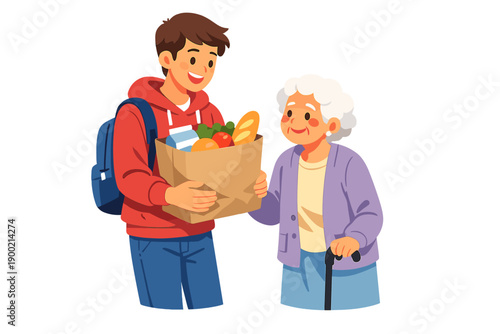 Teenager helps elderly woman with groceries in a community setting during the day