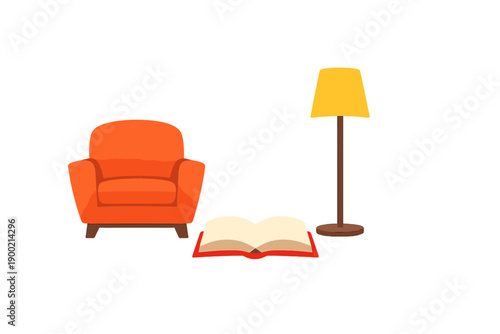 Cozy chair with a lamp and an open book on the floor in a simple indoor space at home