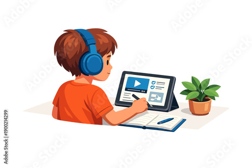 Child engages in online learning while taking notes at home in the afternoon with a tablet and headphones near a plant