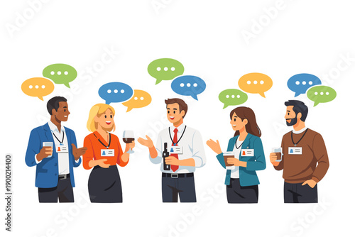 Group of people engaged in conversation during a networking event while holding drinks in a well-lit setting with colorful speech bubbles around them