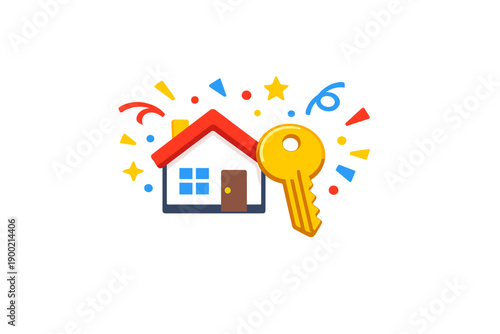 Celebration of new home ownership with colorful decorations and a key symbolizing new beginnings
