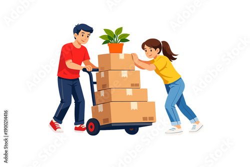Two people move boxes and a plant using a cart in a room during daylight hours