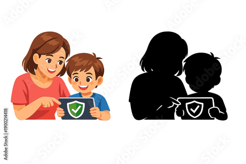 Two people looking at a tablet while a checkmark appears on the screen, showing a moment of learning about online safety at home