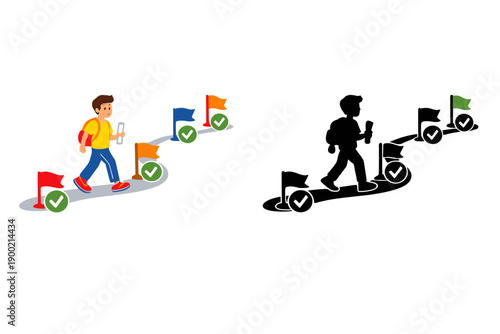 Walking on a path with flags and check marks while using a phone shows the journey of a traveler or a hiker during the day