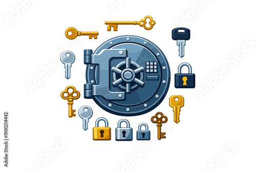 Illustration of a safe surrounded by various keys and locks showing different shapes, sizes, and functions used for securing valuables